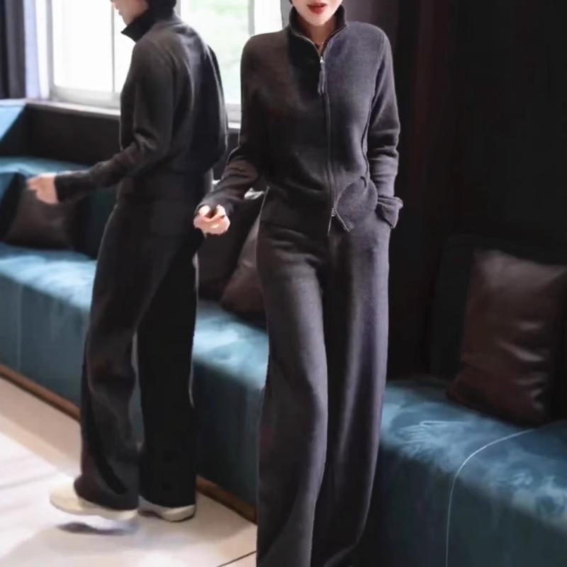 セットアップ レディース 秋冬 グレー ジャケット ワイドパンツ 2点セット 女性用 長袖 普段使い シンプル ズボン トップス