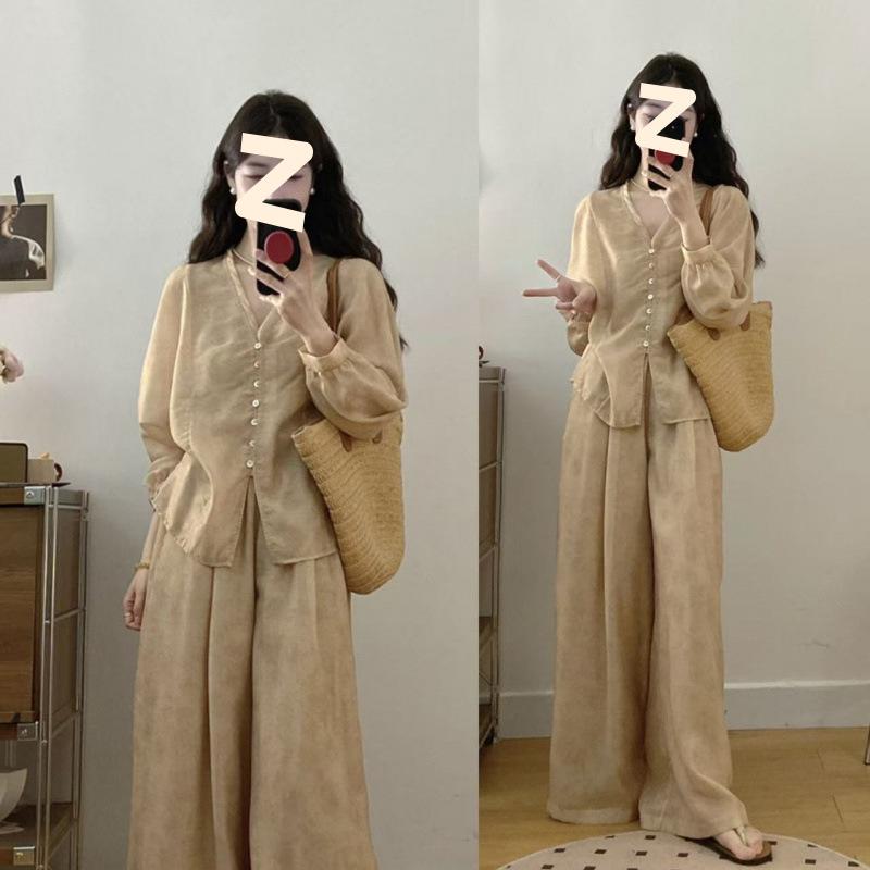 セットアップ レディース 春夏 7分袖ブラウス ズボン 上下2点セット ゆったり Vネック 接触冷感 普段使い 部屋着 御姐風