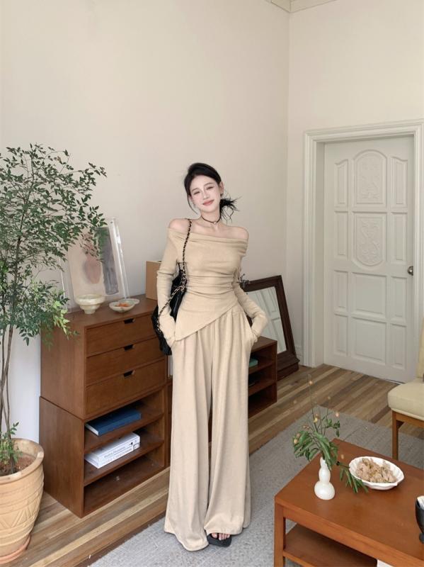 セットアップ レディース 秋 長袖 トップス ワイドレッグパンツ 長ズボン 2点セット きれいめ 上品 オフィスカジュアル 通勤 韓国風 ポリエステル 無地 杏色 グレー ブラック