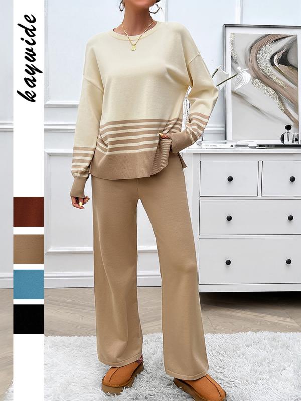 セットアップ レディース 春夏 ニット 杏色 ズボン カジュアルパンツ 普段使い リラックス 部屋着 長袖 ストライプ 切り替え 伸縮性