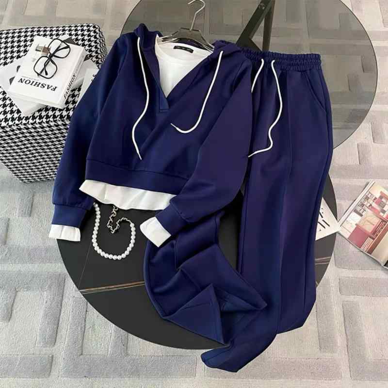 セットアップ レディース 秋冬 部屋着 スウェット パーカー Tシャツ ワイドパンツ 3点セット 配色 コットン 混紡 カジュアル スタイル リラックス ウェア