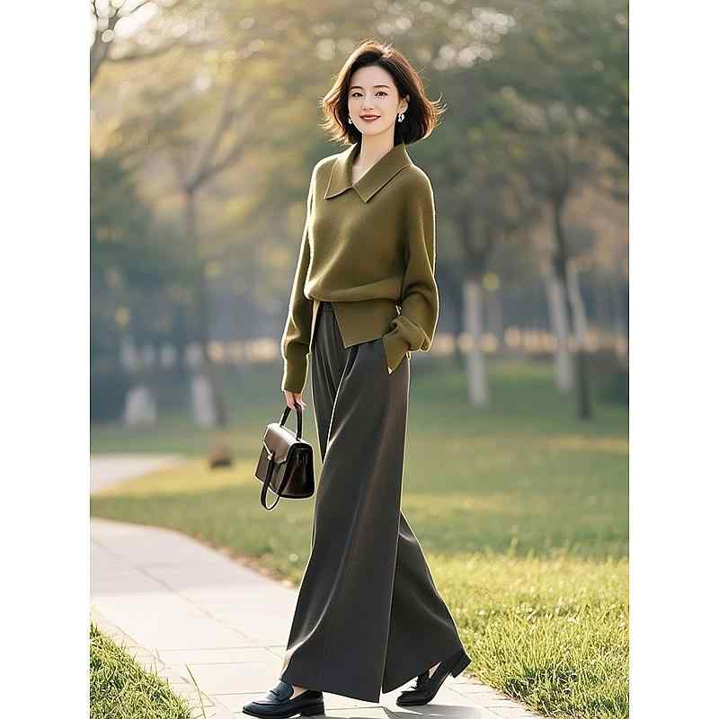 ニット セットアップ レディース 春 韓国風 普段使い 部屋着 トップス パンツ 上下セット ポリエステル ポケット付き 緑 グリーン系