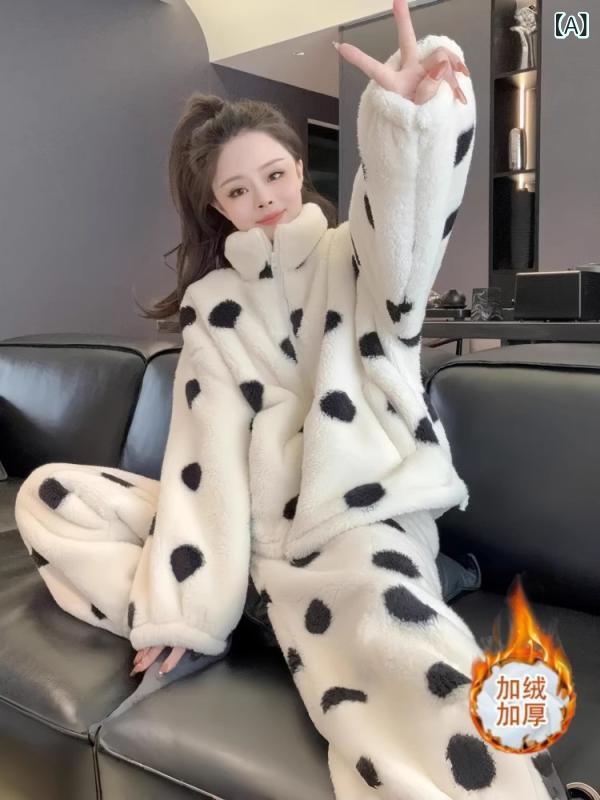 ルームウェア レディース 秋冬 パジャマ 上下セット ドット柄 あったか 厚手 部屋着 寝間着 婦人服 女性用 長袖 ズボン ポリエステル かわいい リラックス ウェア S M L