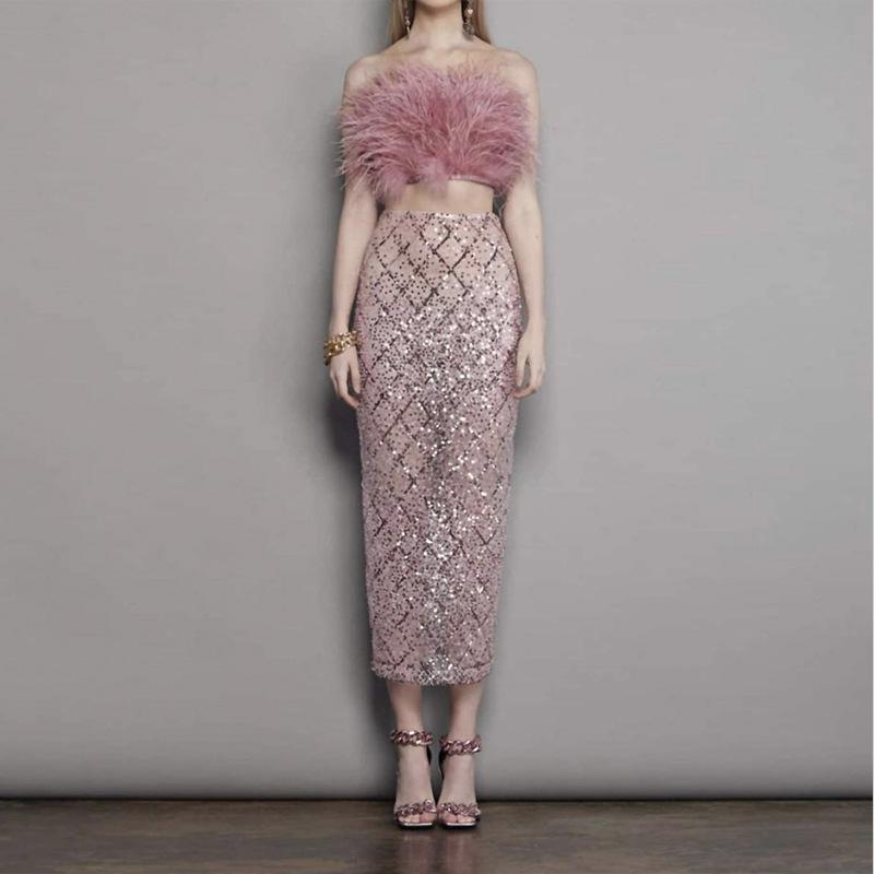 セットアップ レディース ピンク系 フェザー ベアトップ トップス ハイウエスト スパンコール ロングス..