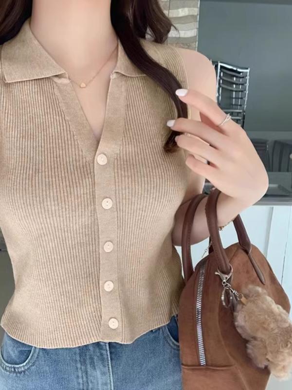 タンクトップ レディース ポロ襟 薄手 ニット キャミソール ノースリーブ トップス カットソー 無地 伸..