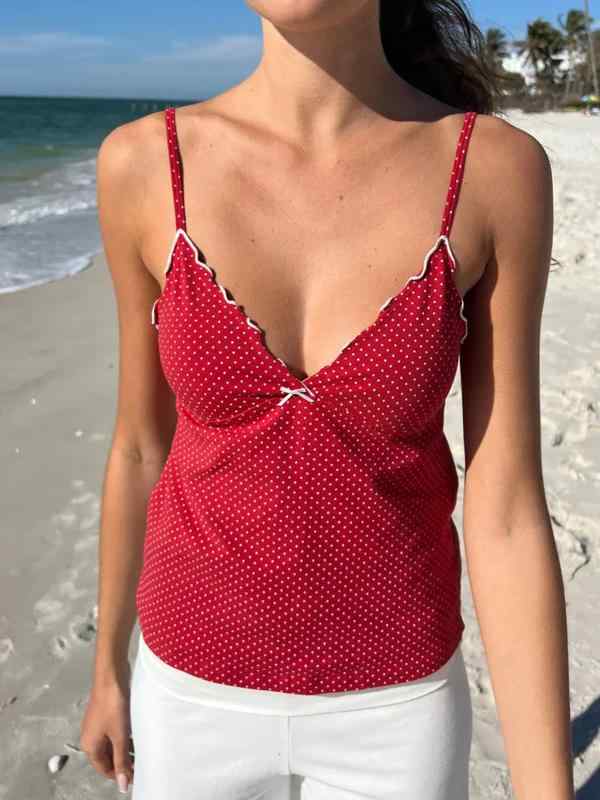 キャミソール レディース 春夏 水玉 ドット柄 ノースリーブ スリムフィット ショート丈 幾何学模様 配..