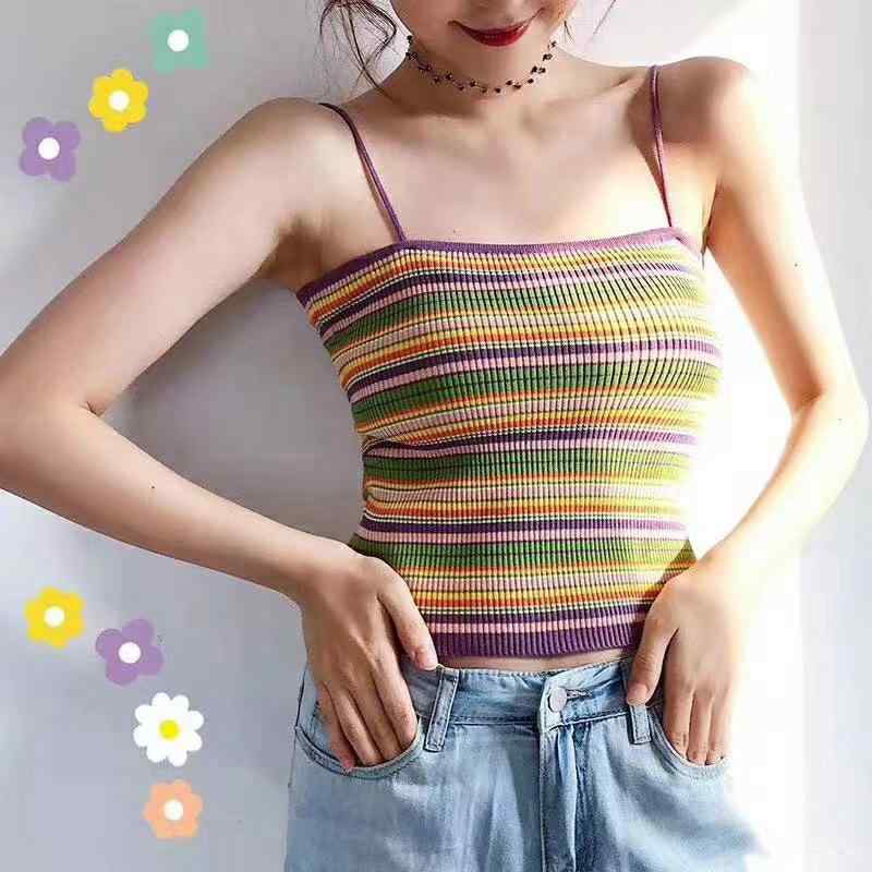 キャミソール レディース インナー トップス 彩色ストライプ柄 ポリエステル ノースリーブ ショート丈 ..