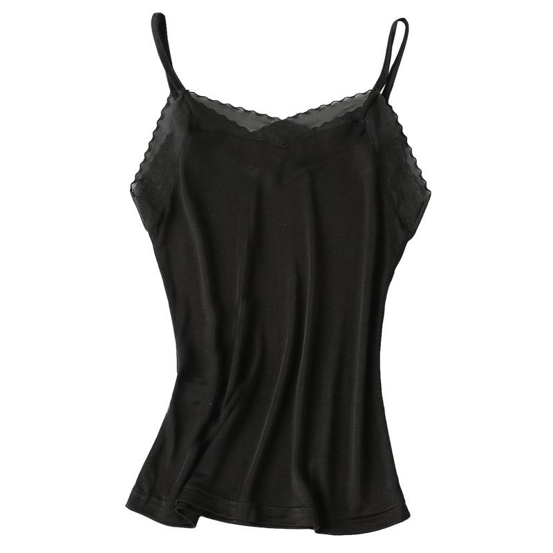 タンクトップ レディース 絹 シルク Vネック ノースリーブ トップス インナー 接触冷感 伸縮性 レース ..
