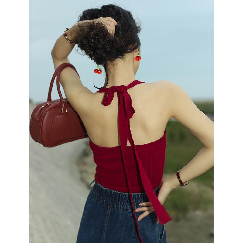 タンクトップ レディース レトロ風 赤色 ホルターネック ニット トップス 配色 スリムフィット 通勤 普..