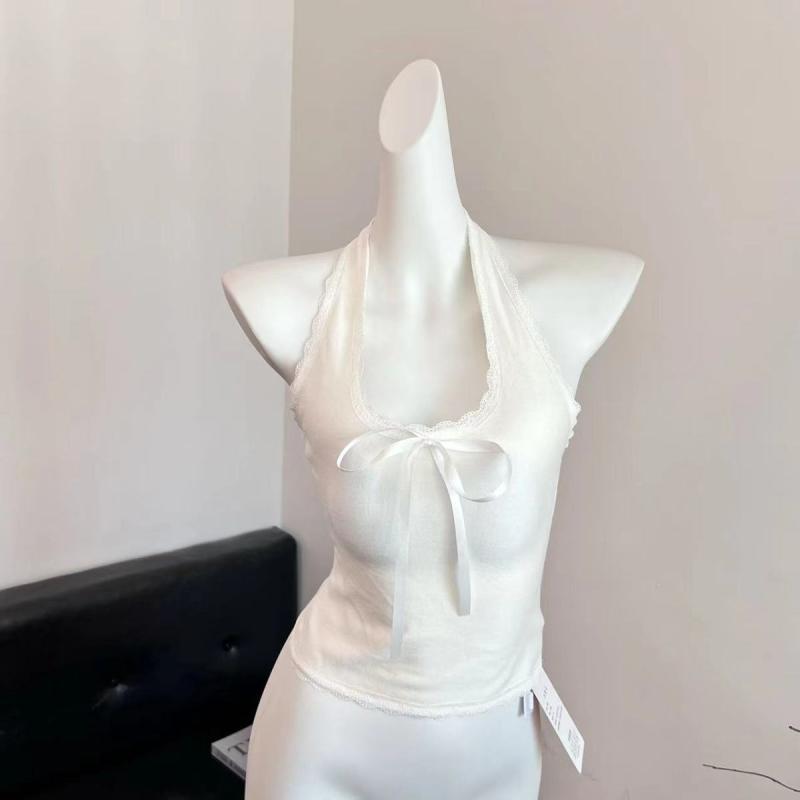 キャミソール レディース 韓国風 レース 花柄 蝶結び コットン インナー ラウンドネック 白 S M Lサイ..