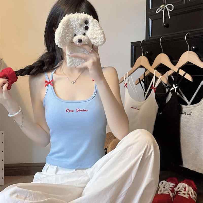 キャミソール レディース 韓国風 蝶結び 刺繡 美背 トップス カップ付き インナー 接触冷感 再生繊維 ..