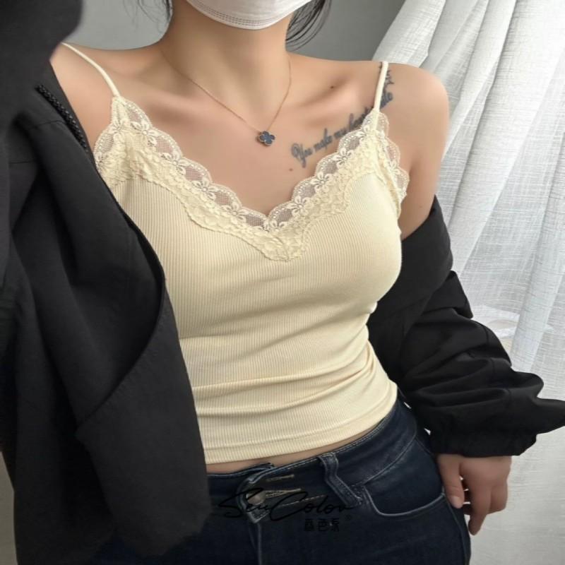 タンクトップ レディース レース Vネック コットン ノースリーブ トップス インナー 春夏 薄手 無地 黒..