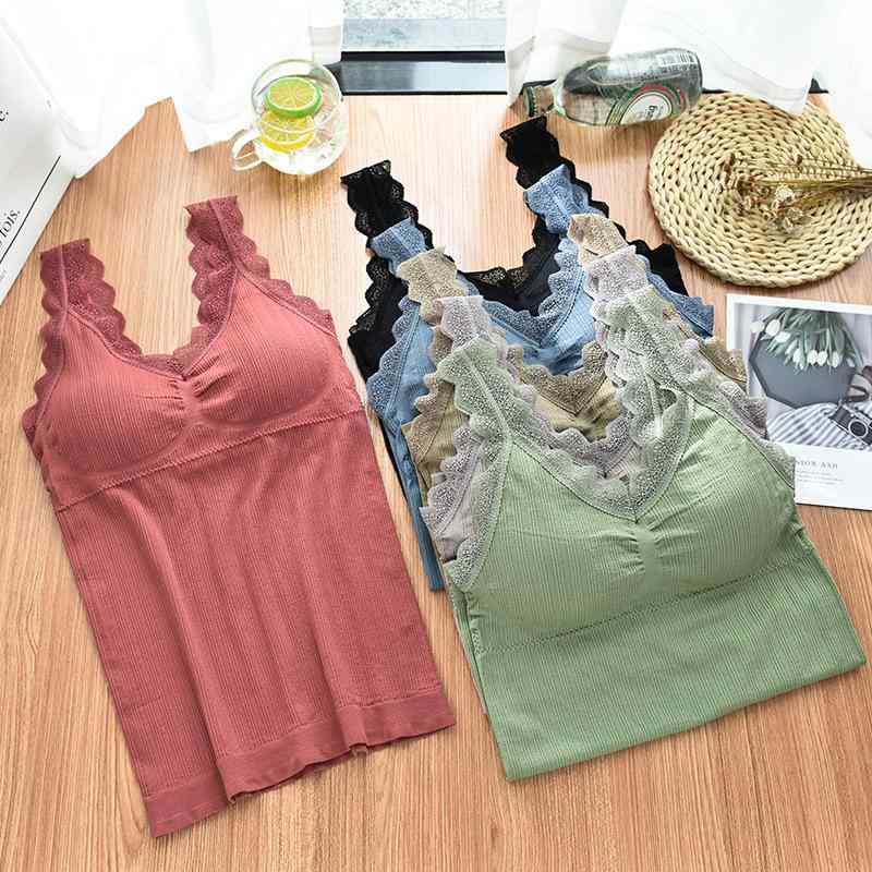 キャミソール レディース レース 吊り下げ式 タンクトップ Vネック 薄手 ノンワイヤー ブラトップ 一体..