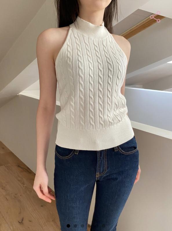 ニット レディース トップス 白 ノースリーブ アメリカンスタイル コットン 挂脖肩带 無地 修身 通勤 ..