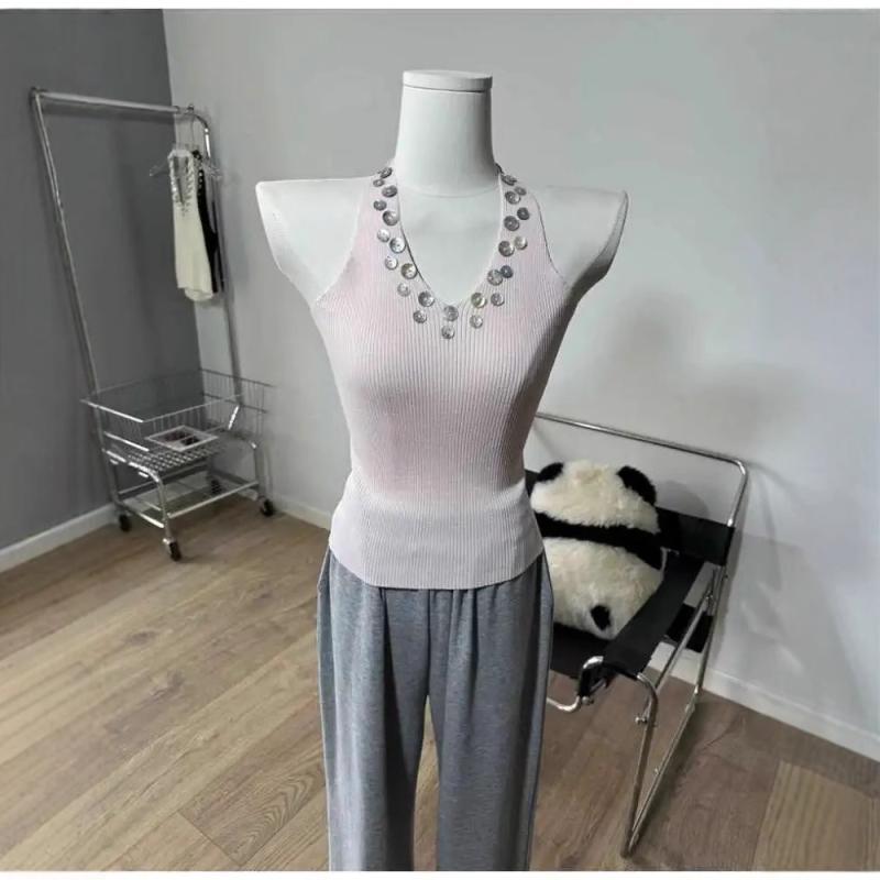 タンクトップ レディース 韓国風 スリムフィット Vネック ノースリーブ ニット トップス ポリエステル ..