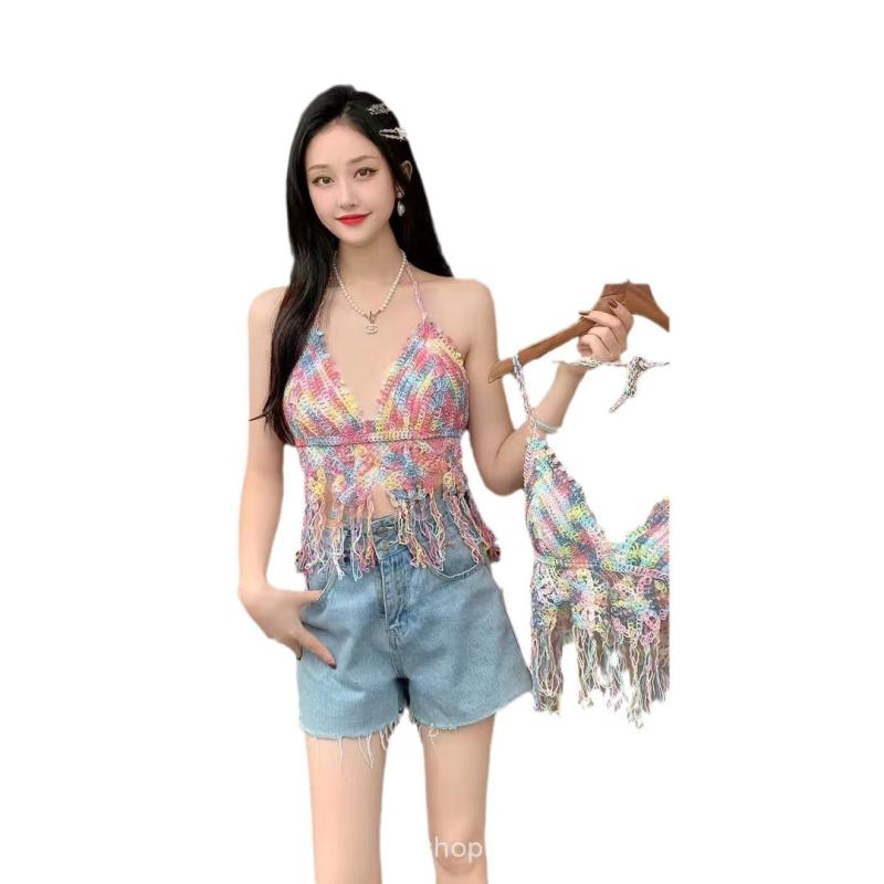 キャミソール レディース へそ出し タンク トップ コットン 接触冷感 ショート丈 ニット ボヘミアン エ..