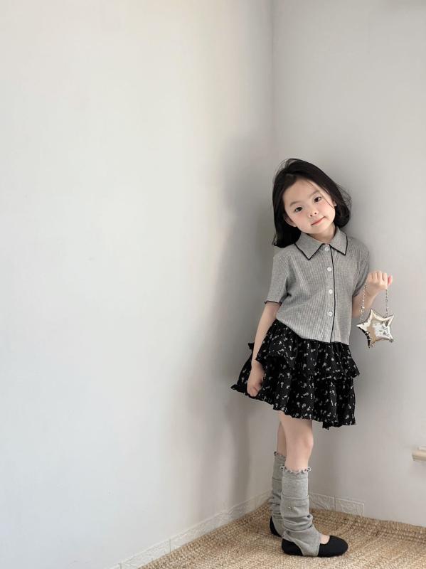 ワンピース キッズ 女の子 超ミニスカート 花柄 コットン ケーキスカート ブラック フラワープリント ..