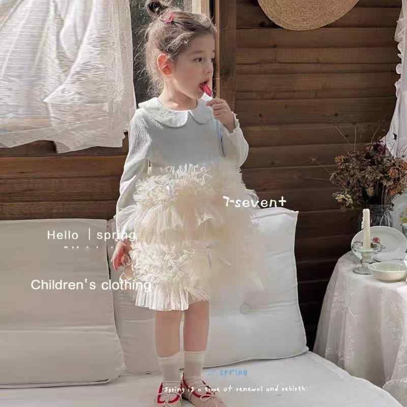 ワンピース 子供 女の子 春秋 長袖 礼服 発表会 結婚式 プリンセス ケーキ スカート コットン グレー ..