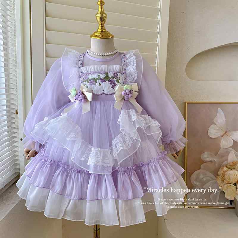 ワンピース 子供 女の子 ロリータ 春秋 プリンセス チュールスカート Aライン パープル ピンク系 かわ..