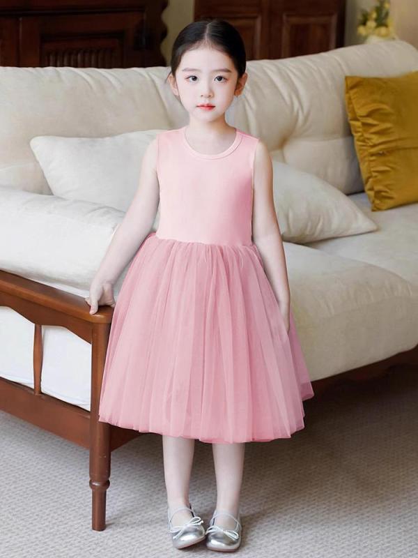 ワンピース 女の子 夏 ノースリーブ チュールスカート 子供 プリンセス ピンク系 膝丈 かわいい ニット..