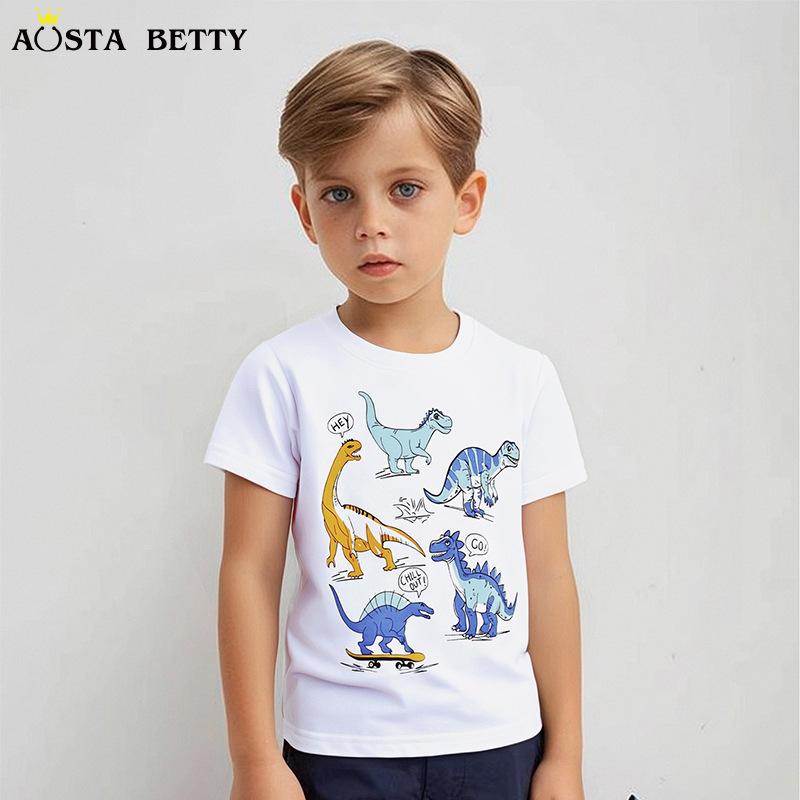 キッズ Tシャツ 半袖Tシャツ ニット コットン 恐竜 プリント ラウンドネック トップス 吸湿速乾 かわい..