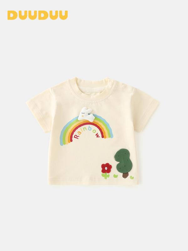 Tシャツ ベビー服 男女兼用 半袖 子供服 A類 コットン 虹色 うさぎ 吸湿速乾 幼児 新生児 春夏