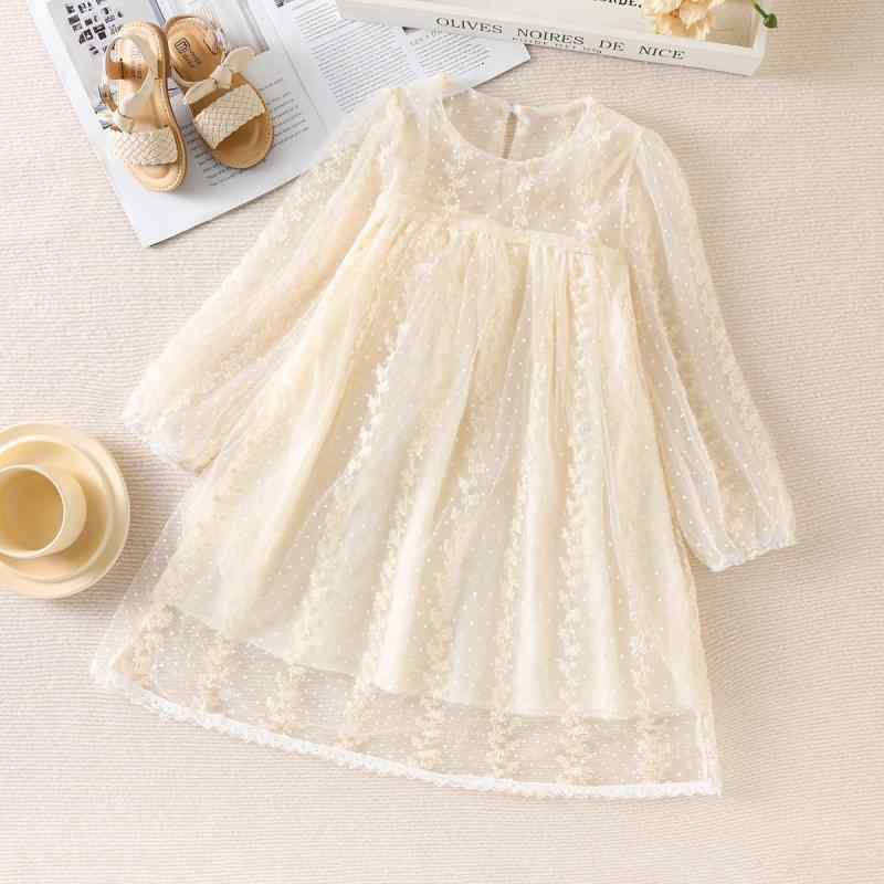 子供服 ワンピース 女の子 春夏 レース 長袖 プリンセス チュール Aライン 杏色 かわいい ガールズ キ..