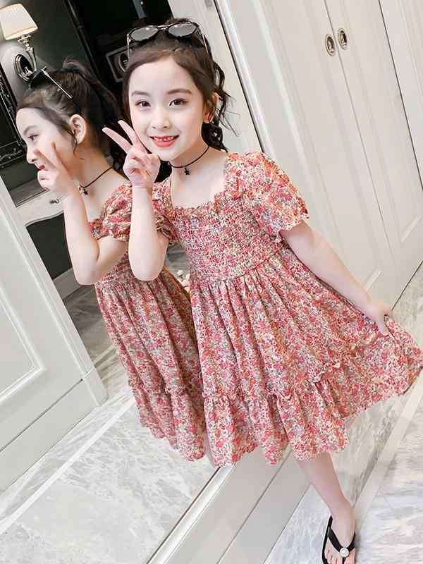 ワンピース キッズ 女の子 子供 プリンセス Aライン 花柄 水玉 シフォン 薄手 かわいい 100 110 120 130 140 150 160 ピンク系 赤 浅緑