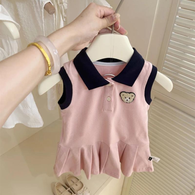 ワンピース 子供服 女の子 夏 かわいい ノースリーブ ポロ襟 プリーツスカート コットン 韓国風 ピンク系 グレー