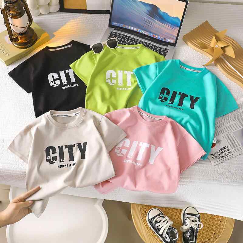 子供用Tシャツ キッズ 男女兼用 半袖 コットン 夏服 ゆったり 丸首 アルファベット柄 プリント 吸湿速..