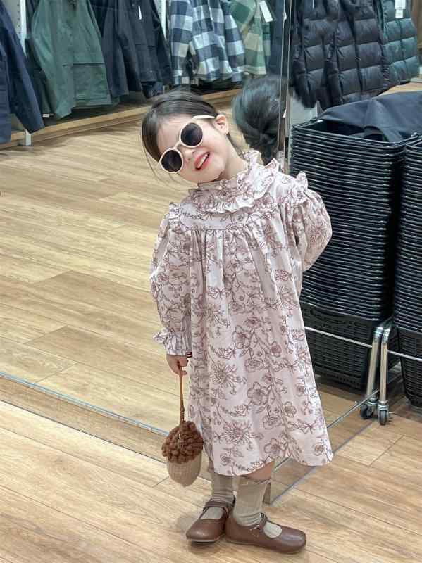 ワンピース 女の子 小花柄 長袖 プリンセス レトロ Aライン ウエストゴム ギャザーネック 綿混紡 春秋 ..