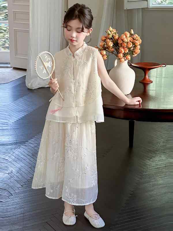 ワンピース キッズ 女の子 チャイナ風 刺繍 ノースリーブ トップス パンツ 2点 セットアップ かわいい ..