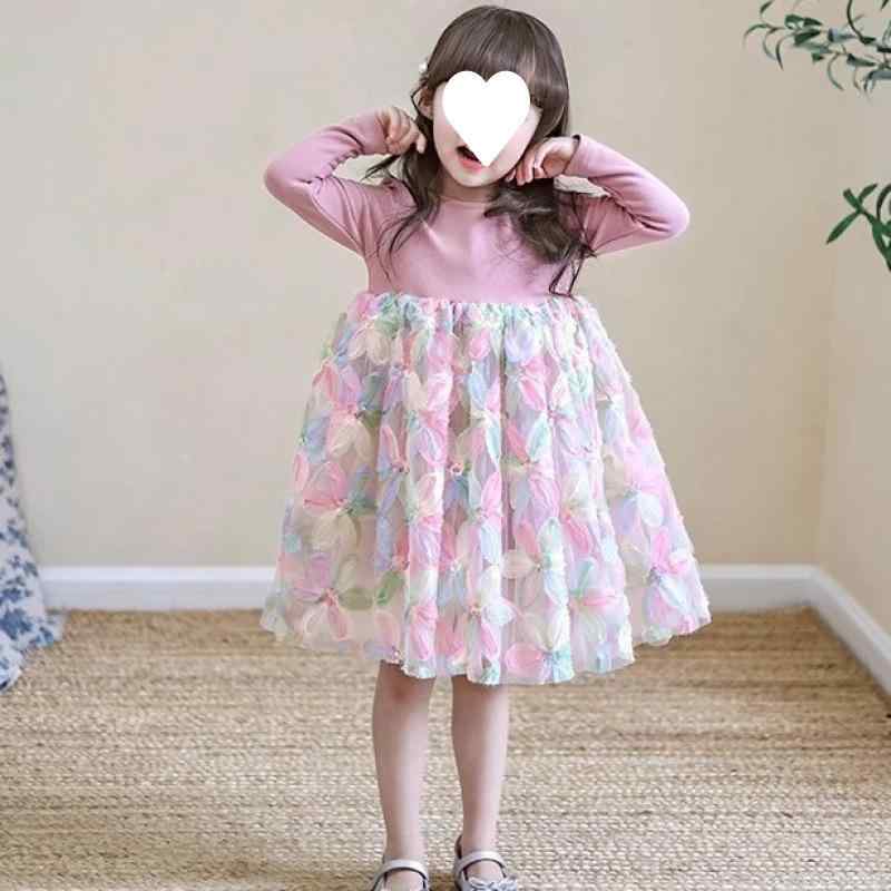 ワンピース 子供服 女の子 長袖 春秋 Aライン チュール 切り替え 花柄 かわいい おしゃれ ガールズ ピ..