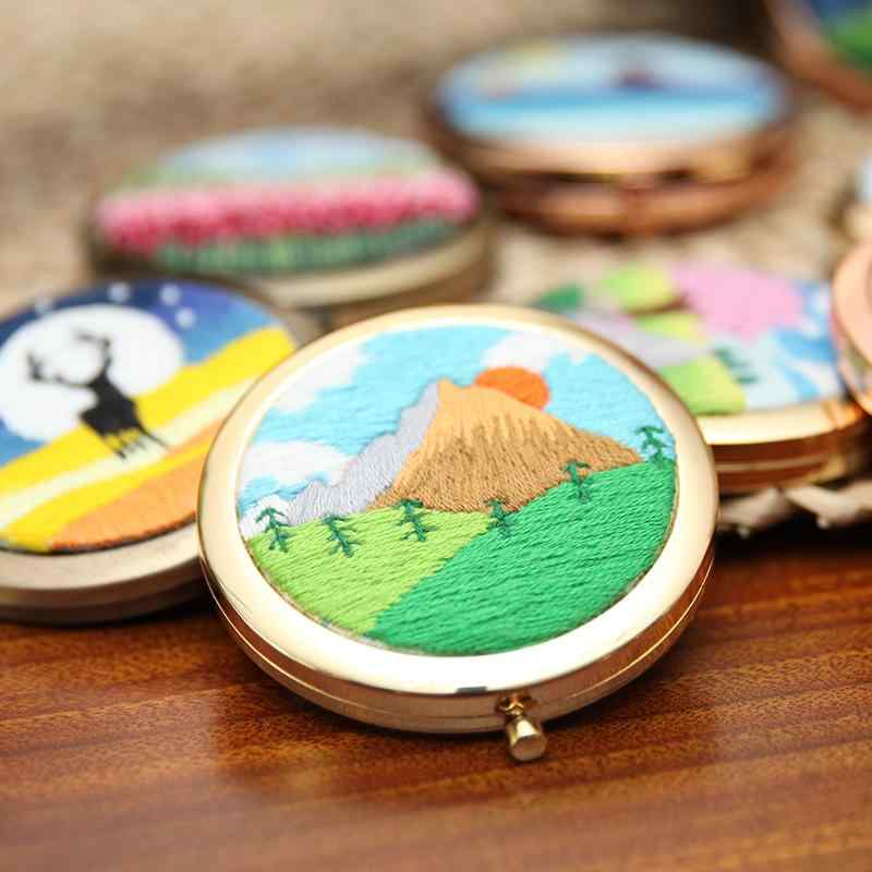 手鏡 DIY手作り刺繍 化粧鏡 キット 麻布 風景柄 折り畳みミラー 携帯ミラー リビング ベッドルーム ス..