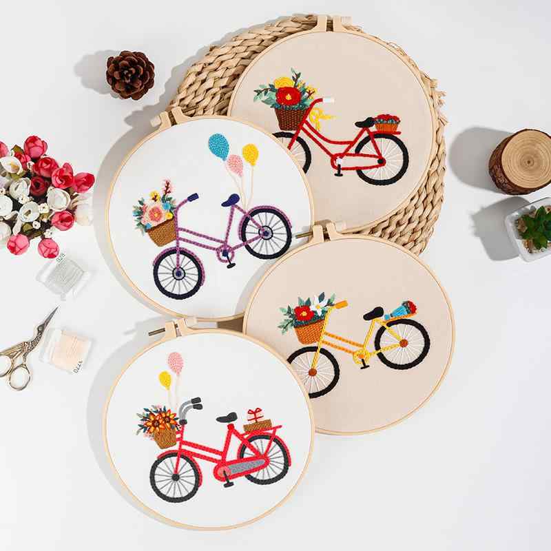 刺繍 キット DIY 手作り 材料セット 北欧風 花 草 植物 ロマンチック 自転車 花束 バルーン コットン ..