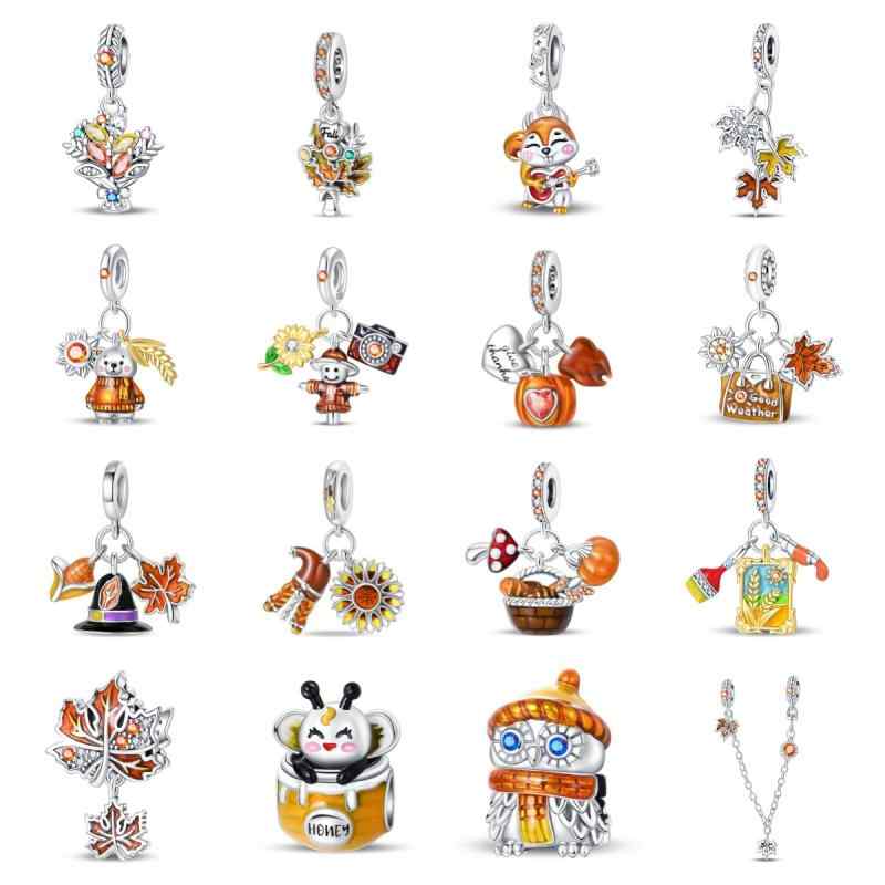 ネックレス レディース DIY用アクセサリー シルバー925製 ペンダントトップ 秋の感謝祭 モミジ フクロウ チャーム ビーズ ヨーロッパ&amp;アメリカ トレンド オシャレ かわいい