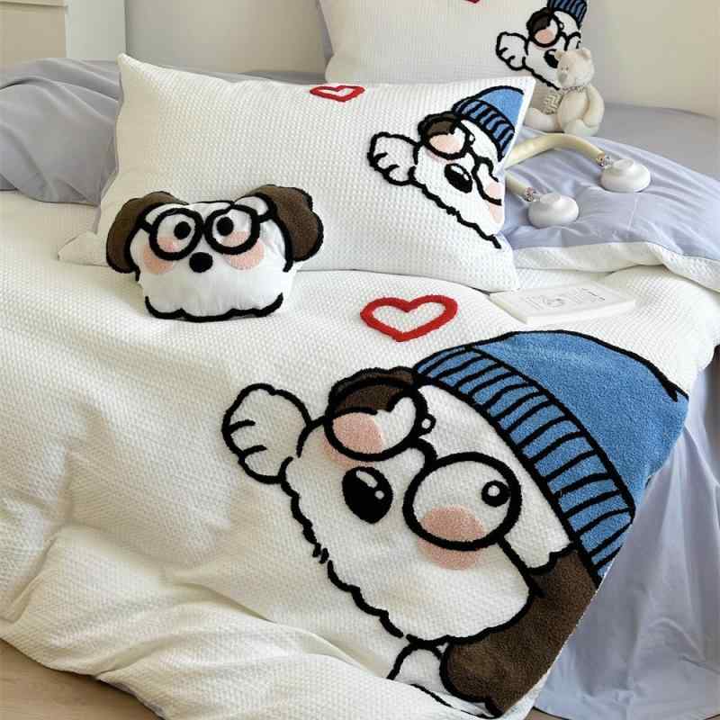 寝具 子供用 かわいい眼鏡犬柄ワッフルコットン ベッドシーツセット ベッドカバー 枕カバー