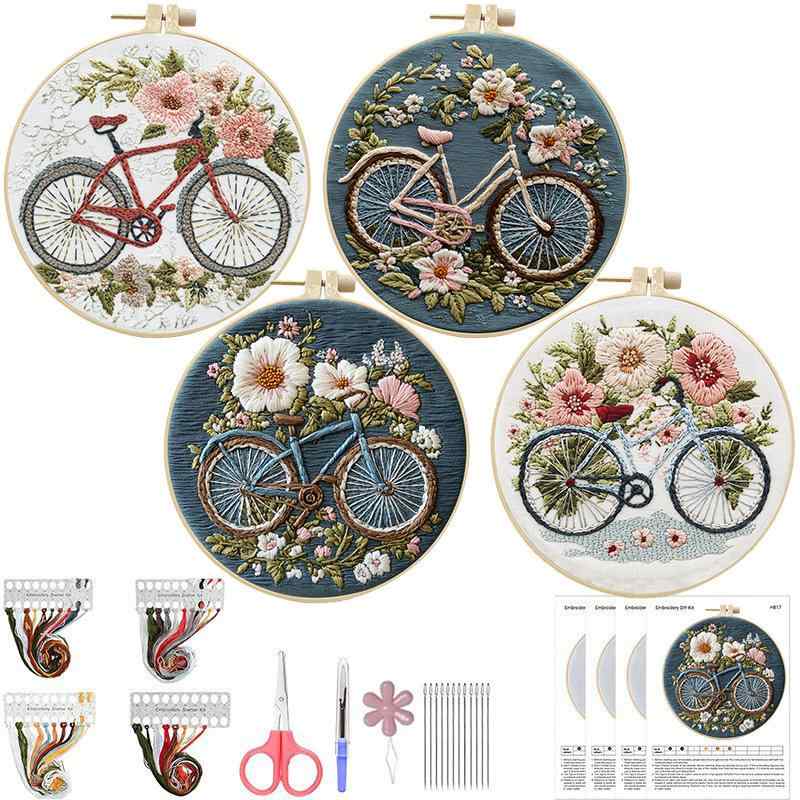 手芸キット 自転車 DIY 刺しゅう 材料セット コットン リネン 初心者 向け 刺繍枠付き リビング ベッド..