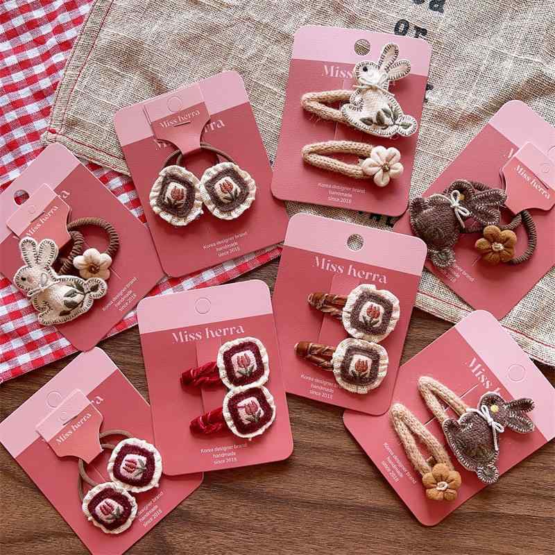 ヘアアクセサリー キッズ 女の子 ヘアゴム ヘアピン ウサギ 花柄 ニット 手編み 子供用 髪飾り かわいい 痛くない おしゃれ 高弾性 ブラウン系 レッド系