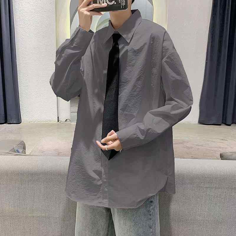 シャツ メンズ 長袖 白 杏色 春秋 接触冷感 ゆったり 学生風 カジュアル トップス 襟付き