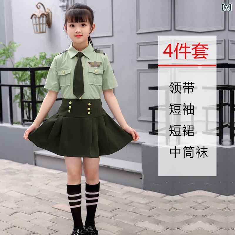 子供用警察官コスチューム 幼稚園 合唱服 園服 発表会 小学生 中学生 鼓笛隊 服 儀仗隊 コスプレ グリーン 男の子 女の子 制服 帽子付き 緑色 半袖 長袖 ズボン スカート