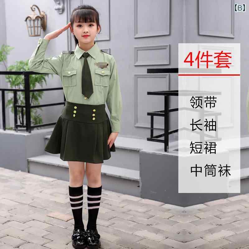 子供用警察官コスチューム 幼稚園 合唱服 園服 発表会 小学生 中学生 鼓笛隊 服 儀仗隊 コスプレ グリーン 男の子 女の子 制服 帽子付き 緑色 半袖 長袖 ズボン スカート