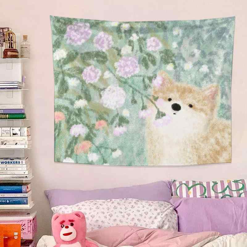 タペストリー かわいい 犬柄 ペット ぬいぐるみ ポリエステル製 遮光 間仕切り 背景布 リビング 寝室 ..