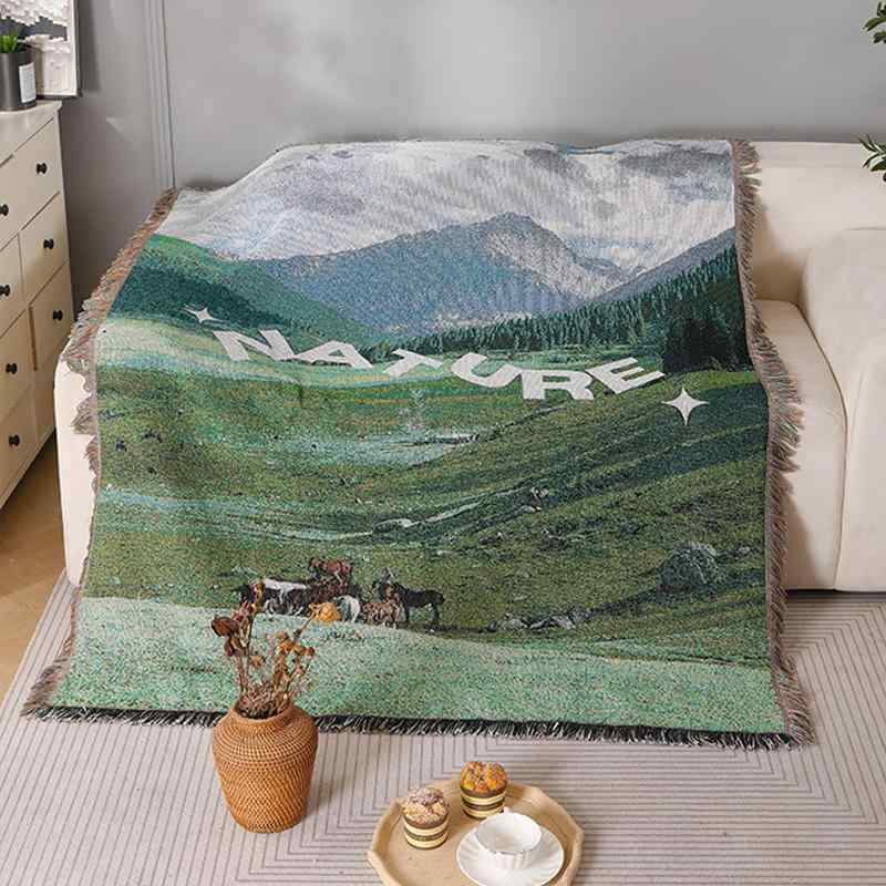 タペストリー 綿 ソファカバー オフィス 昼寝 ブランケット ギフト 壁掛け 風景柄 草原柄 80×100cm 130×160cm 北欧風 機械織り