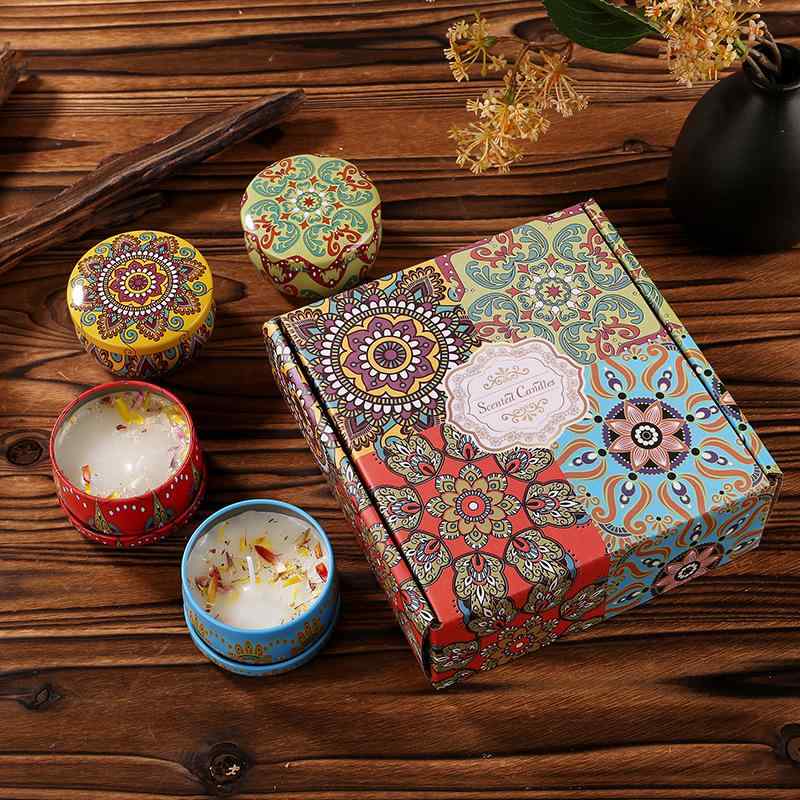 アロマキャンドル 4個セット 大豆ワックス 無煙 香り 柿 小蒼蘭 血橙 薔薇 鉄製ケース 部屋 寝室 空気..