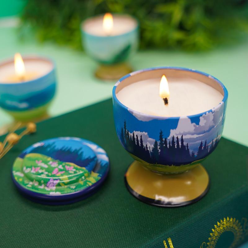 アロマキャンドル 高脚杯 大豆ワックス 無煙 鉄缶 香り付き 誕生日 ギフト 手作り 星空 精油