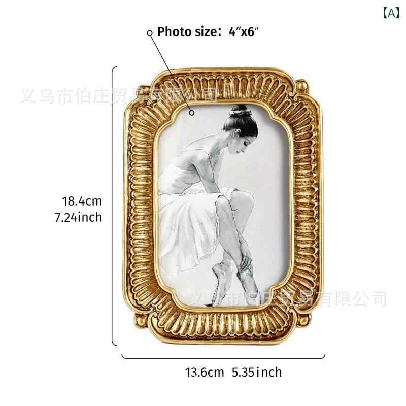 フォトフレーム 写真立て 6寸 欧風 貝殻模様 レトロ アンティーク調 樹脂製 ゴールド 長方形 リビング ..