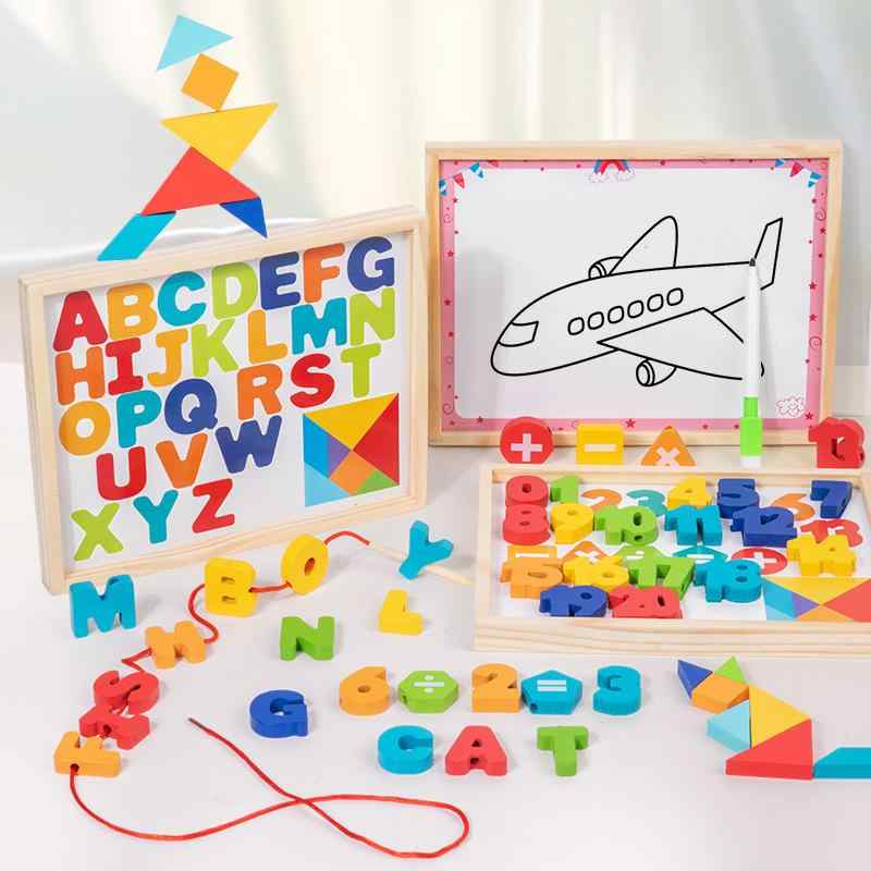 知育玩具 子供用 パズル 数字 アルファベット 紐通し 積み木 絵合わせ 両面 学習 木製