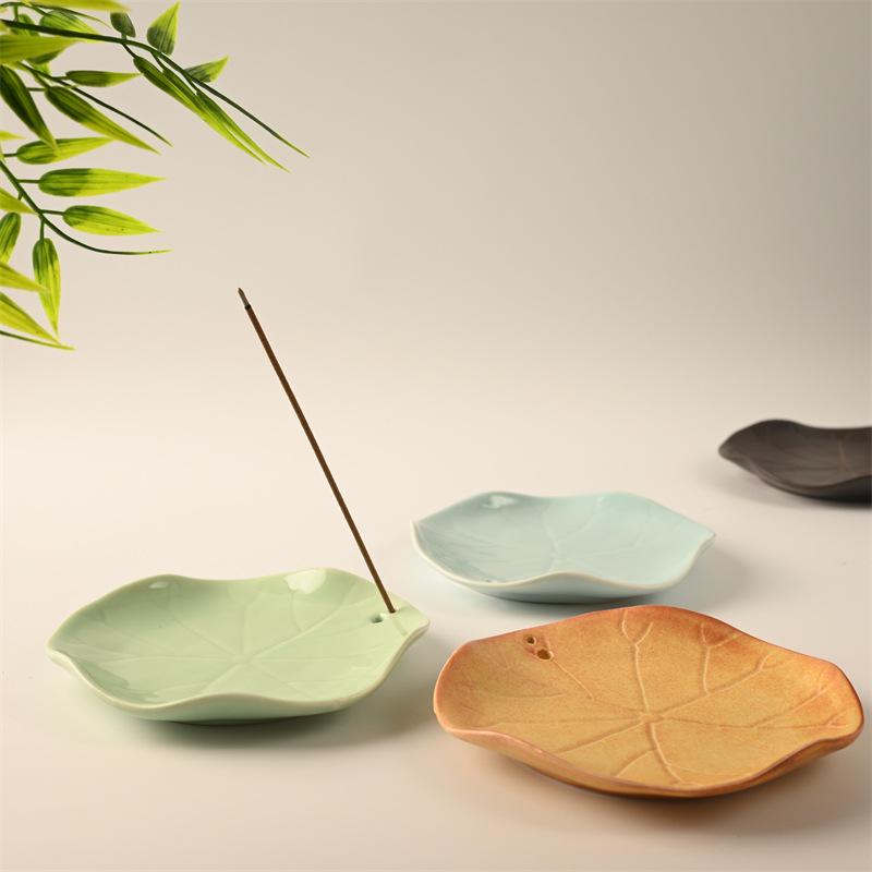 香炉 陶器 線香立て 睡蓮 リーフ型 アロマプレート 香皿 茶道 瞑想 ヨガ 浄化 梅子青 粉青 楓葉紅 レッド