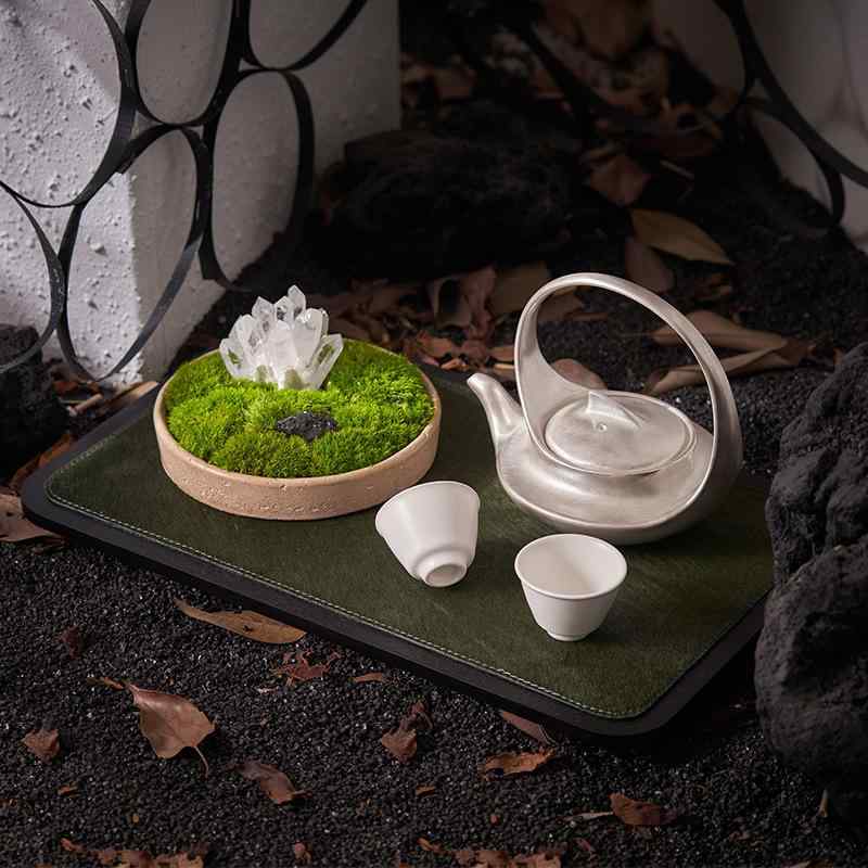 茶托 ティーセット 小石 ミニ観葉植物 苔 テラリウム 銀色 茶器 インテリア 中華風